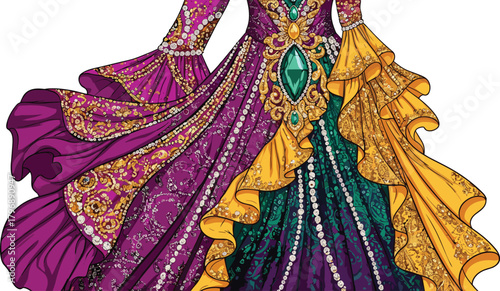 Ornate ceremonial gown illustration, rich colors, gemstone embellishments, gold embroidery, ruffled layers, fashion design, cultural attire, luxury garment sketch