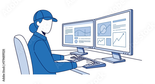 Illustration of a professional analyzing financial data on dual computer monitors at workstation