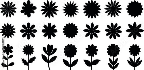 Collection of diverse black floral silhouettes on a white background representing various flower shapes and styles