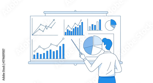 Presentation of business data analysis with various graphs and charts explained by a businessman