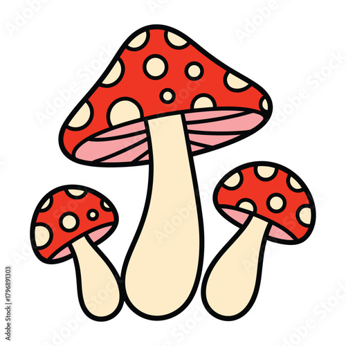 A whimsical illustration showcases a trio of vibrant mushrooms, each adorned with striking red caps and playful white polka dots