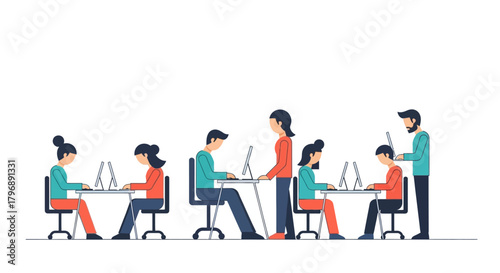 Office professionals working with laptops in a training or workshop setting illustration