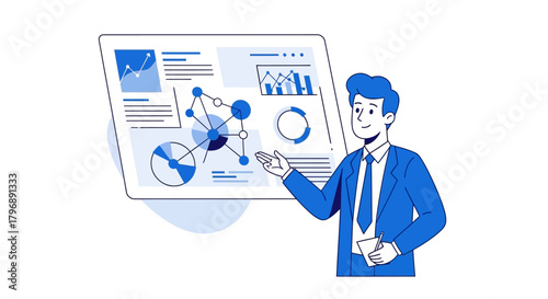 Business analyst presenting data with charts on screen showing performance metrics review