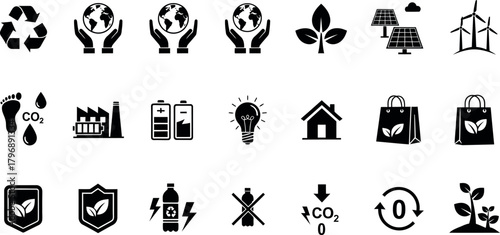 Collection of eco friendly sustainability icons representing renewable energy and environmental protection concepts