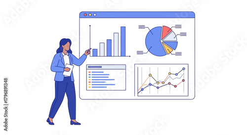 Businesswoman presents visual data insights charts diagrams graphs for strategic presentation