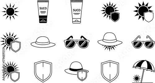Collection of sun protection icons including sunscreen hats sunglasses and sun symbols with shields