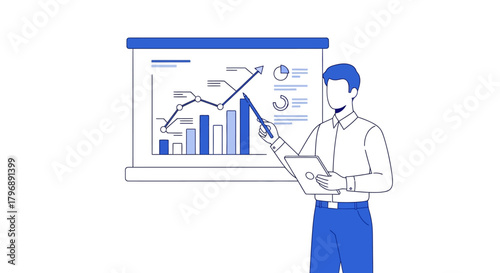 Analysis representation in a presentation with a man pointing with pen at chart data, financial