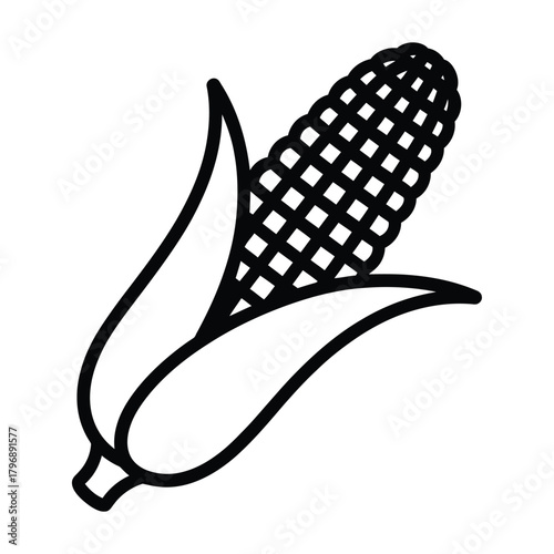 Illustration of a corn on the cob with husk, the corn is drawn in a simple, linear style, making it suitable for various design purposes