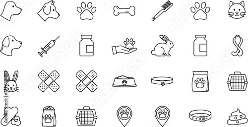 Collection of hand drawn line art icons representing pet care and veterinary services