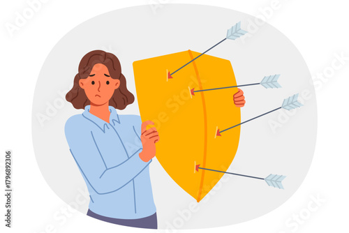 Upset woman defends from arrows of enemies, covering with shield to avoid injury. Girl defends and demonstrates defense mechanism that allows to escape from risk to life of elemental disorder