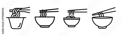 Chopsticks holding noodles over bowls simple line art icons set food asian cuisine