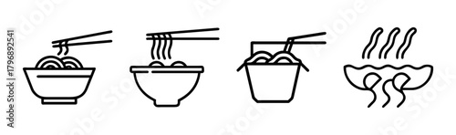 Noodle icons set with chopsticks food bowl and steam for asian cuisine restaurant menu