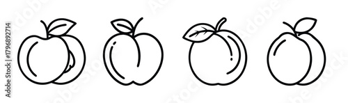 Simple line art four peaches with stems and leaves fresh fruit drawing