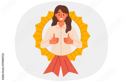 Best employee of month woman shows thumbs up while looking out of medal received for professional achievements. Award for best employee from businesswoman motivating good employees of company