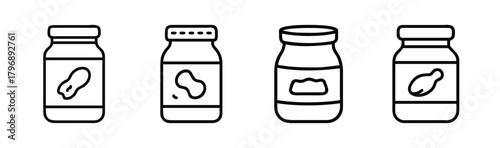 Collection of stylized peanut butter jars featuring peanuts and a jar with a label