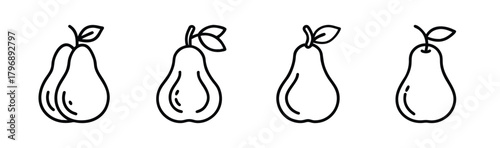Four hand-drawn style outline pears with leaves in a row artistic food image