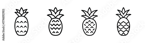 Four retro line art pineapples tropical fruit pattern repeating design icon set
