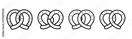 Four hand drawn pretzel icons isolated for food beverage bakery and snack themes