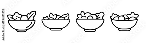 Collection of four simple line art icons representing bowls of salad with various ingredients.