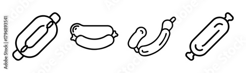 Four linked sausages in a row simple line drawing food icon collection