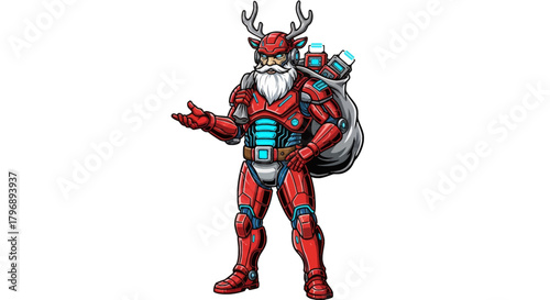 Futuristic Santa Claus robot offering holiday cheer with a high tech gift delivery system for a modern Christmas celebration and a sci-fi twist