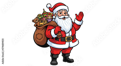 Cheerful Santa Claus waving with a sack full of toys, gifts, and a doll bringing holiday cheer to all for joyful Christmas season promotion