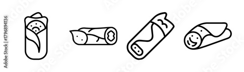 Set of four hand-drawn spring rolls simple outline food icons appetizer snacks