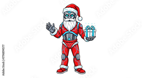 Futuristic Christmas cheer with a robot Santa delivering gifts and spreading holiday joy in a unique, modern way for festive campaigns