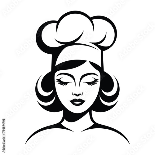 Elegant black and white portrait of a female chef with a tall chefs hat and closed eyes, perfect for culinary blogs, restaurant branding, or foodrelated designs