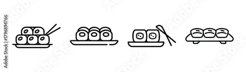 Sushi Set: a minimalist line art illustration showcasing an assortment of freshly prepared sushi rolls and nigiri, ready to delight the taste buds, a symbol of japanese culinary art.