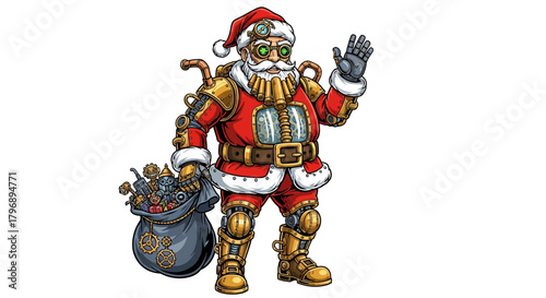 Steampunk Santa Claus with Gears and Gadgets Waving Hello, Ready to Deliver Joy and Wonder, A Unique Twist on Holiday Magic and Fantasy