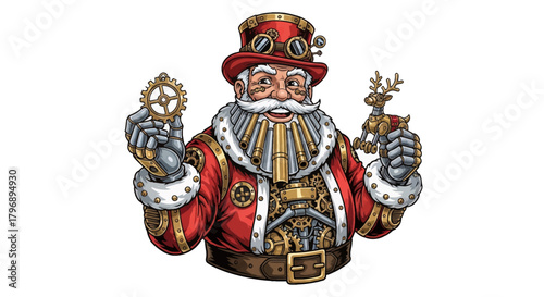 Steampunk Santa with Robot Reindeer and Gear, a Whimsical Holiday Celebration of Nostalgia and Innovation for Festive Cards and Unique Christmas Decor
