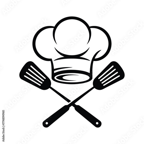 A chefs hat and crossed spatulas, , symbolizing culinary expertise, perfect for restaurant logos, cooking blogs, and foodrelated designs
