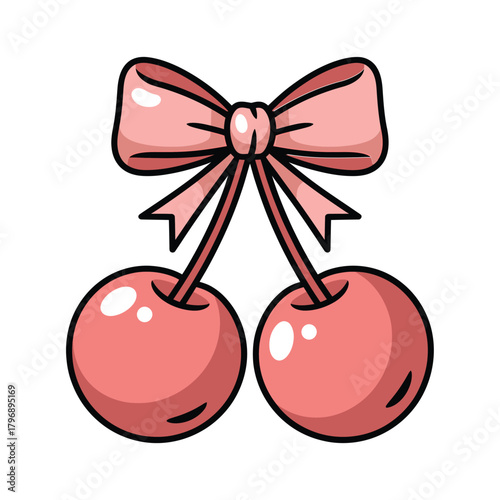Two pink cherries tied with a pink bow the cherries are round and plump, with a glossy finish, and the bow is neatly tied