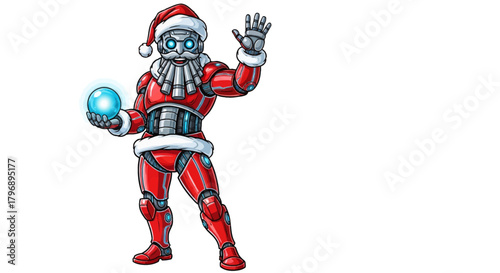 Futuristic Christmas cheer with a robotic Santa Claus waving hello and holding a luminous orb, bringing a unique holiday spirit to science fiction fans