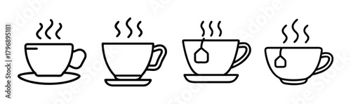 Set of four simple line art tea cups with steam and tea bags icons
