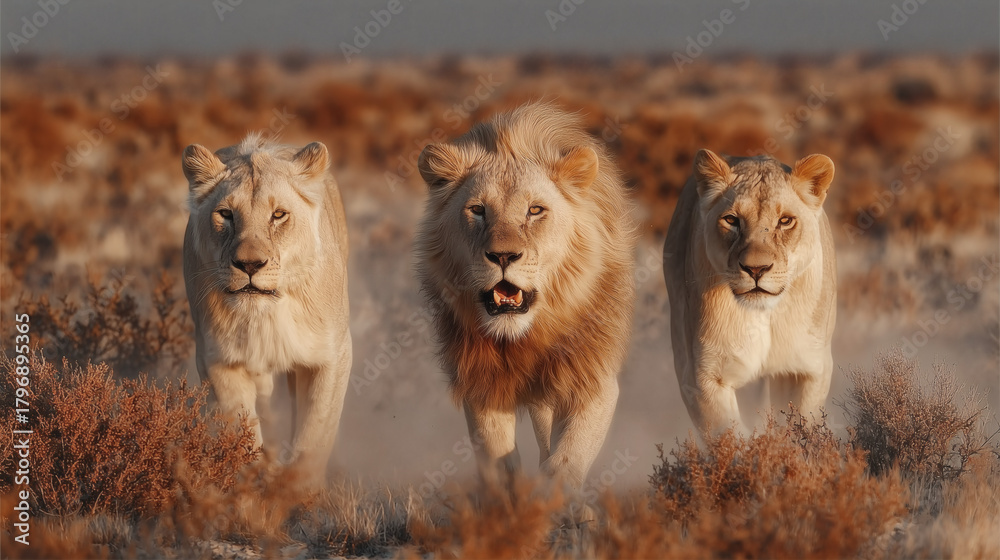 Obraz premium Three Lions Marching in the Savanna