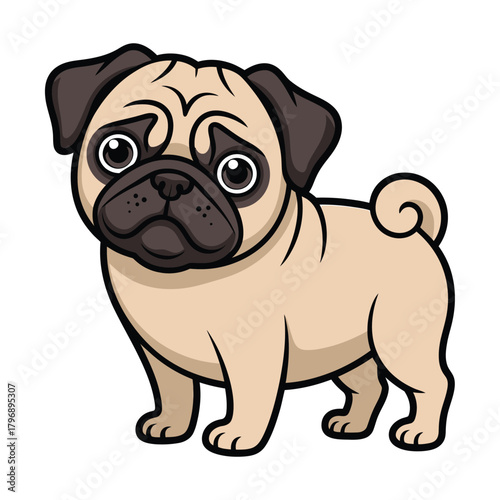 A cute pug with a sad expression the pug has a wrinkled face, floppy ears, and a curly tail, and it is looking down