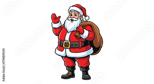 Jolly Santa Claus waving hello with a sack full of gifts ready for Christmas delivery and holiday cheer, spreading joy and goodwill for a festive season