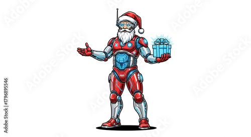Futuristic Santa Claus robot delivering glowing Christmas gifts this holiday season, spreading joy and cheer with cutting edge technology and festive fun