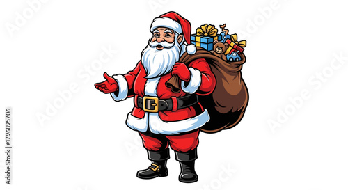 Jolly Santa Claus with a sack full of presents spreading holiday cheer, perfect for Christmas cards and seasonal promotions that evoke joy and generosity