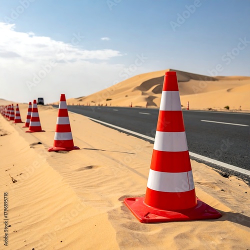 Fototapeta Naklejka Na Ścianę i Meble -  Road with cones in a desert, leading towards a dune