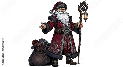 Fantasy Santa Claus with a lantern staff bringing holiday cheer and unique gifts, perfect for Christmas cards or themed event promotions