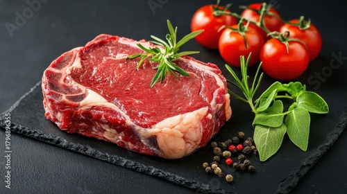 Fresh Steak with Herbs and Tomatoes on Slate Board for Cooking