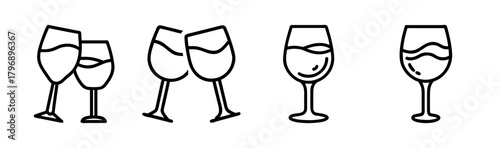 Four simple line drawings of wine glasses clinking and standing alone