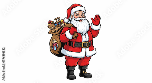 Jolly Santa Claus waving hello with a sack full of toys, bringing holiday cheer and festive spirit to all, celebrating Christmas tradition today