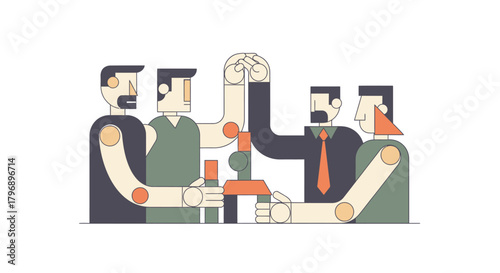 Constructing stability, geometric human figures collaborating to build a cohesive structure