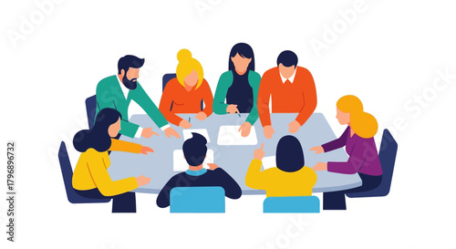 Teamwork dynamics illustrated: collaborative meeting around a central table design