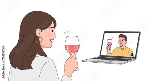 Digital toast between woman with wine glass and man on laptop screen celebrates connection