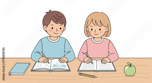 Illustrated children engaged in learning and writing with books and stationery on a wooden desk